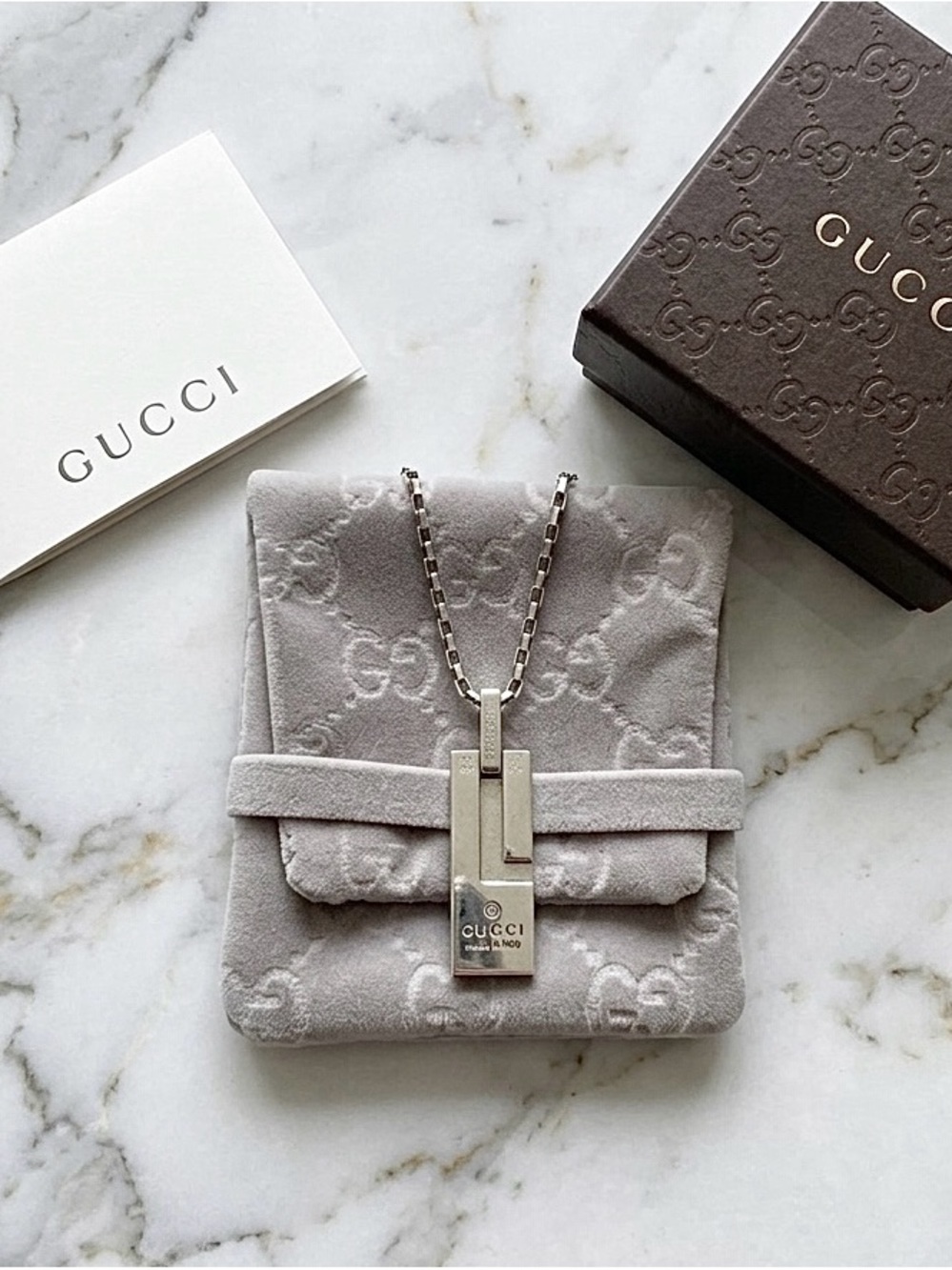 Gucci Sterling Silver 925 G Logo Bar Pendant Necklace - 50cm